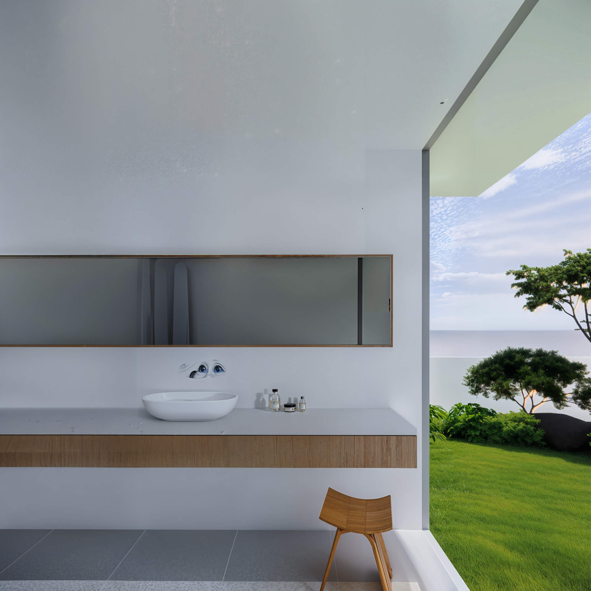 Wash area connected to a courtyard with a luxurious mirror