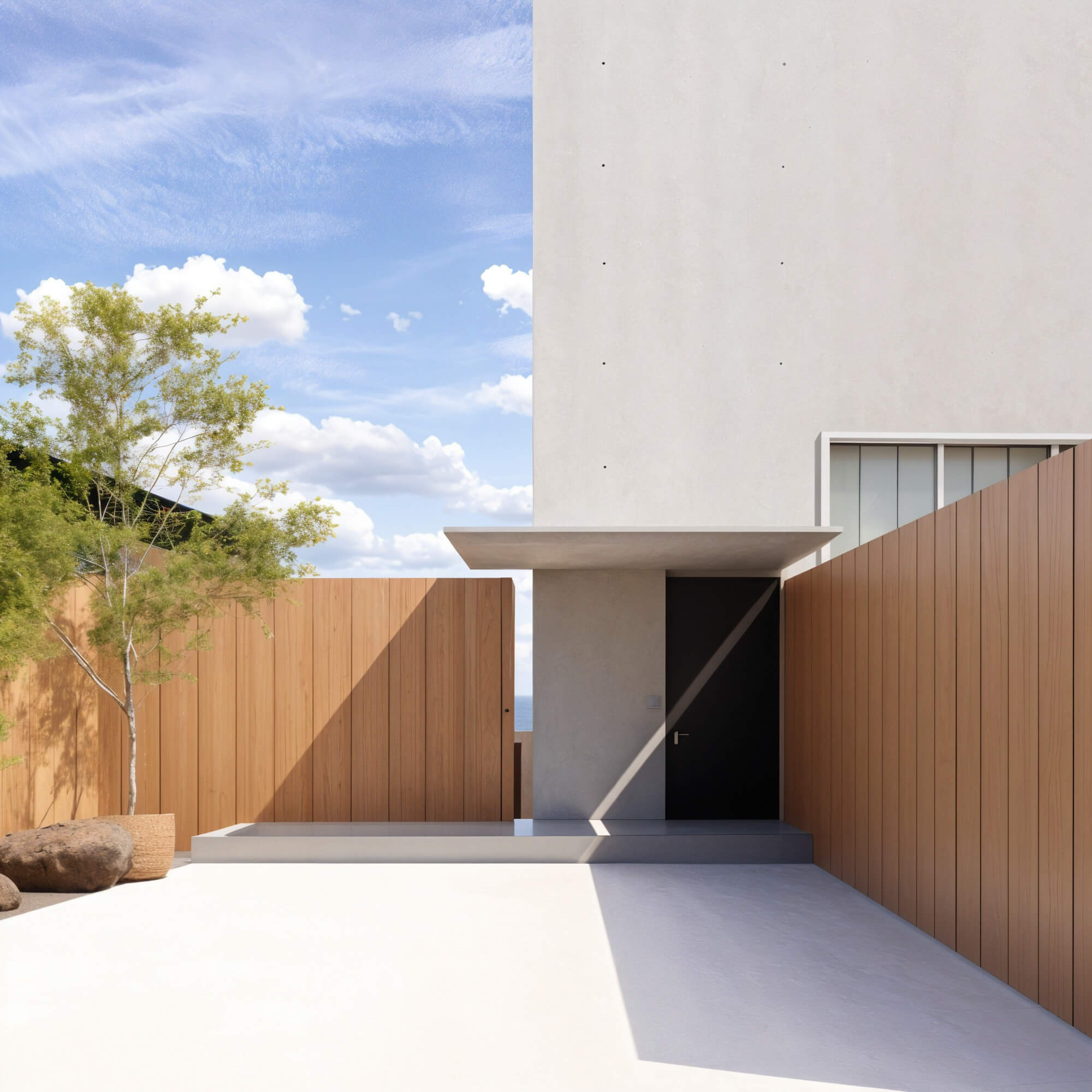 Calm entrance approach where wooden fencing and concrete harmonize