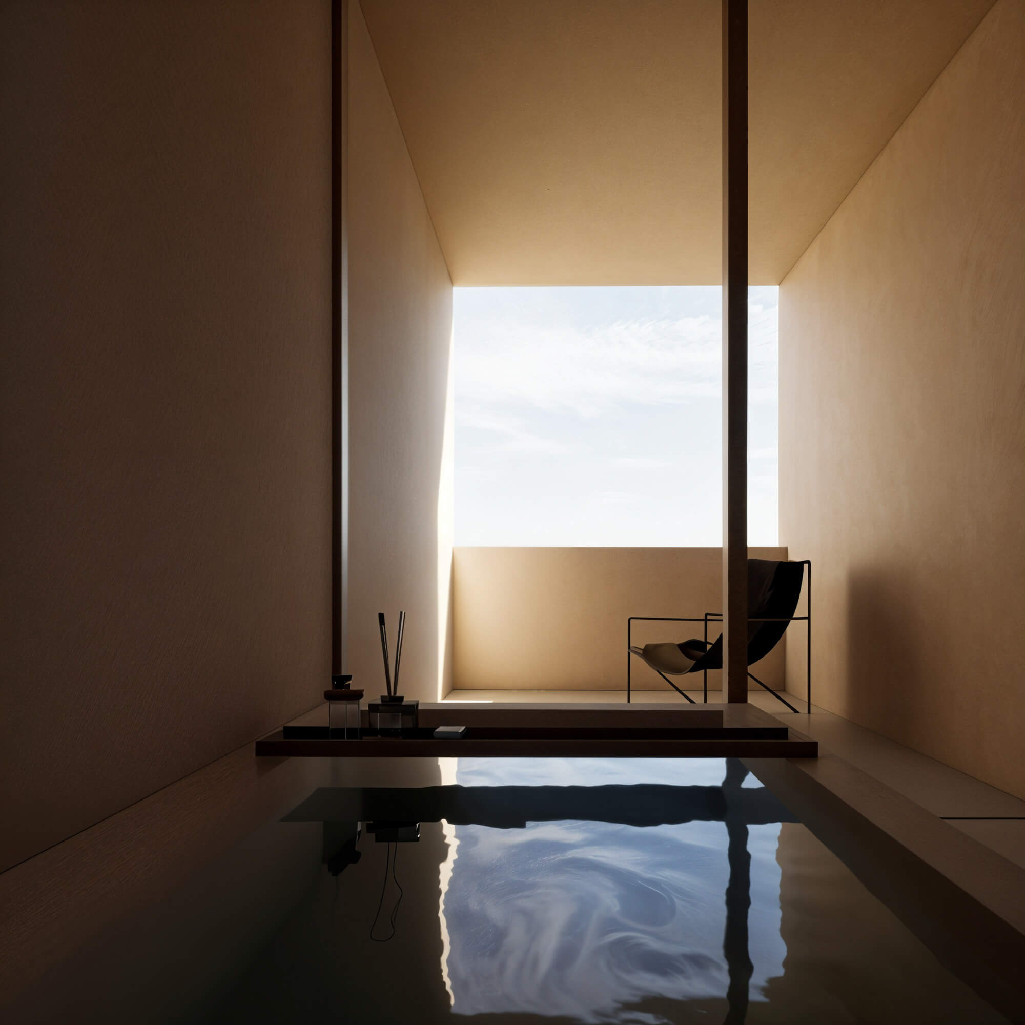 Serene healing space with a semi‑open‑air hot spring bath and seating, wrapped in light and tranquility