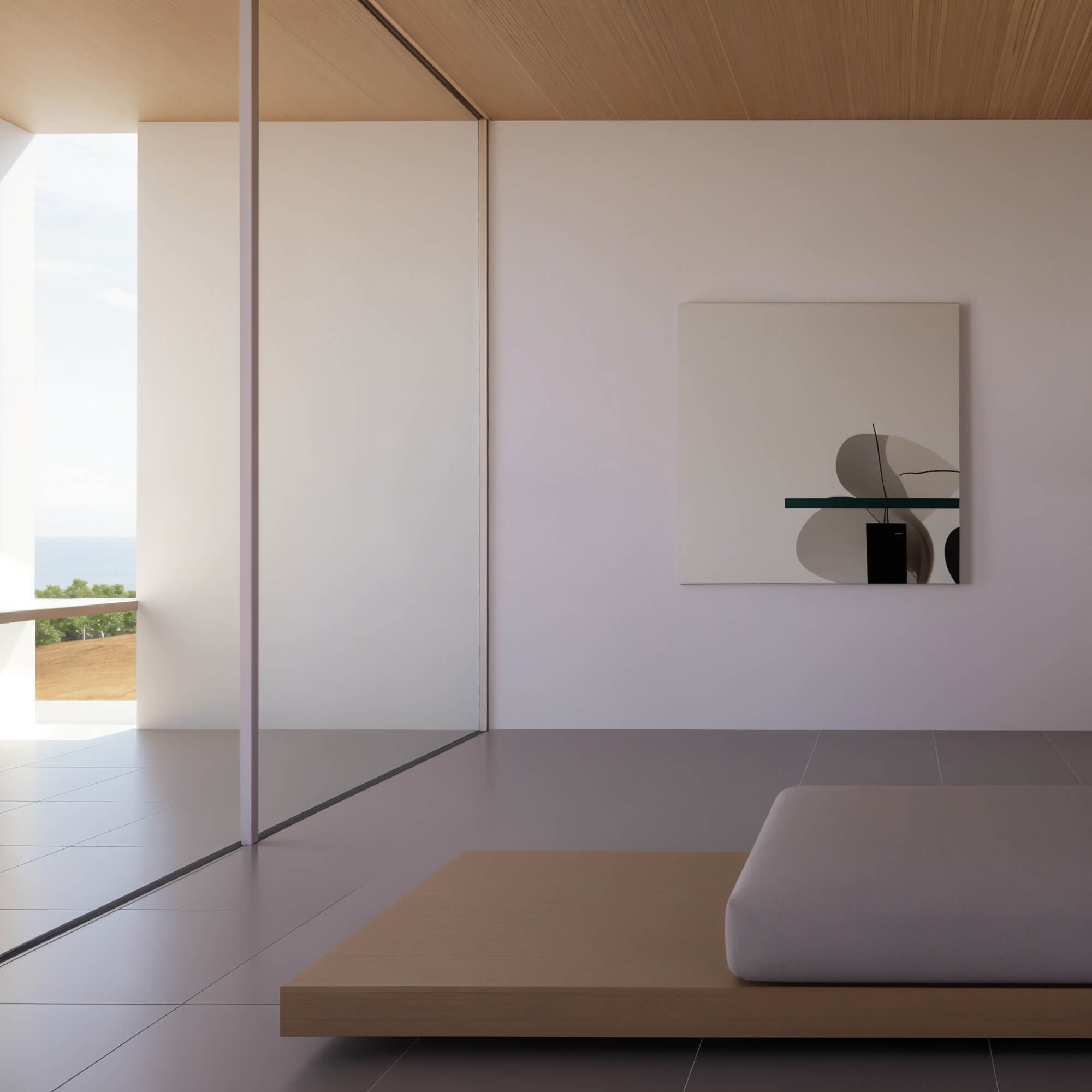 Minimal bedroom with a low bed, modern art on the wall, and abundant natural light