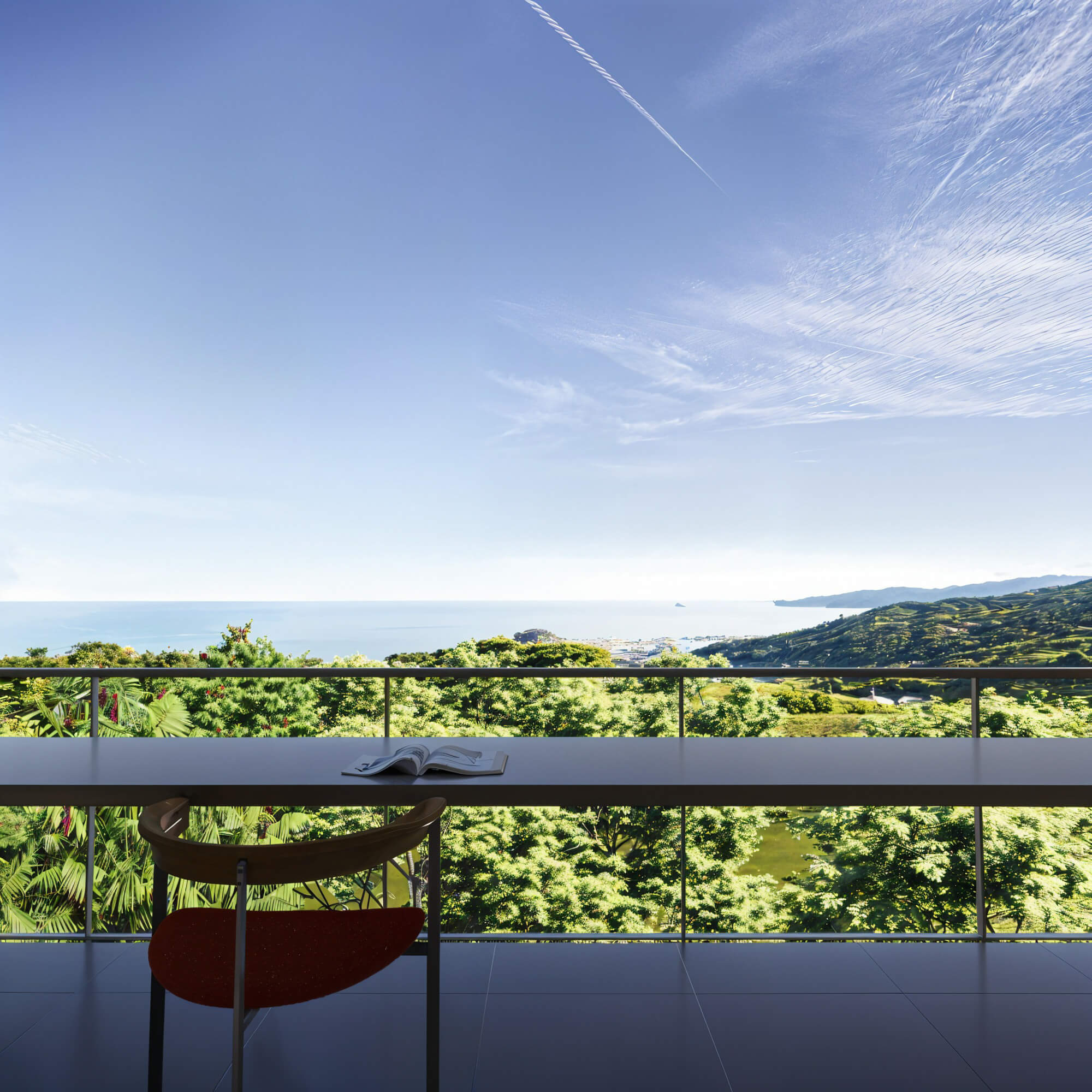 Balcony with a counter desk and red chair offering an expansive view of the sea and sky