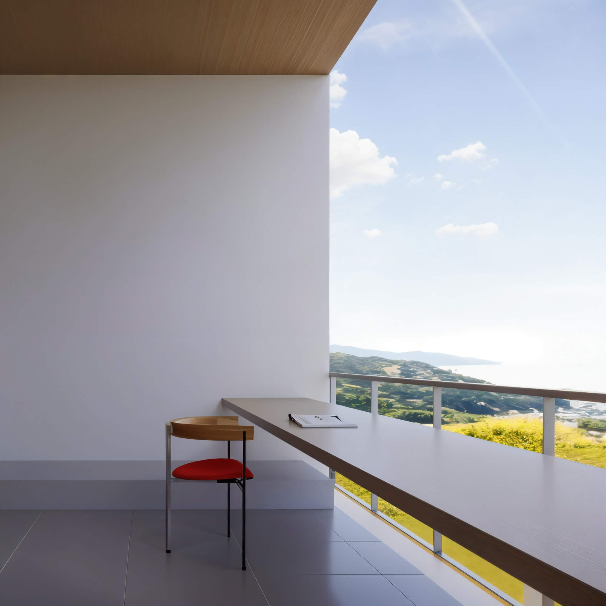 Indoor workspace with a red chair overlooking the sloping Izu landscape