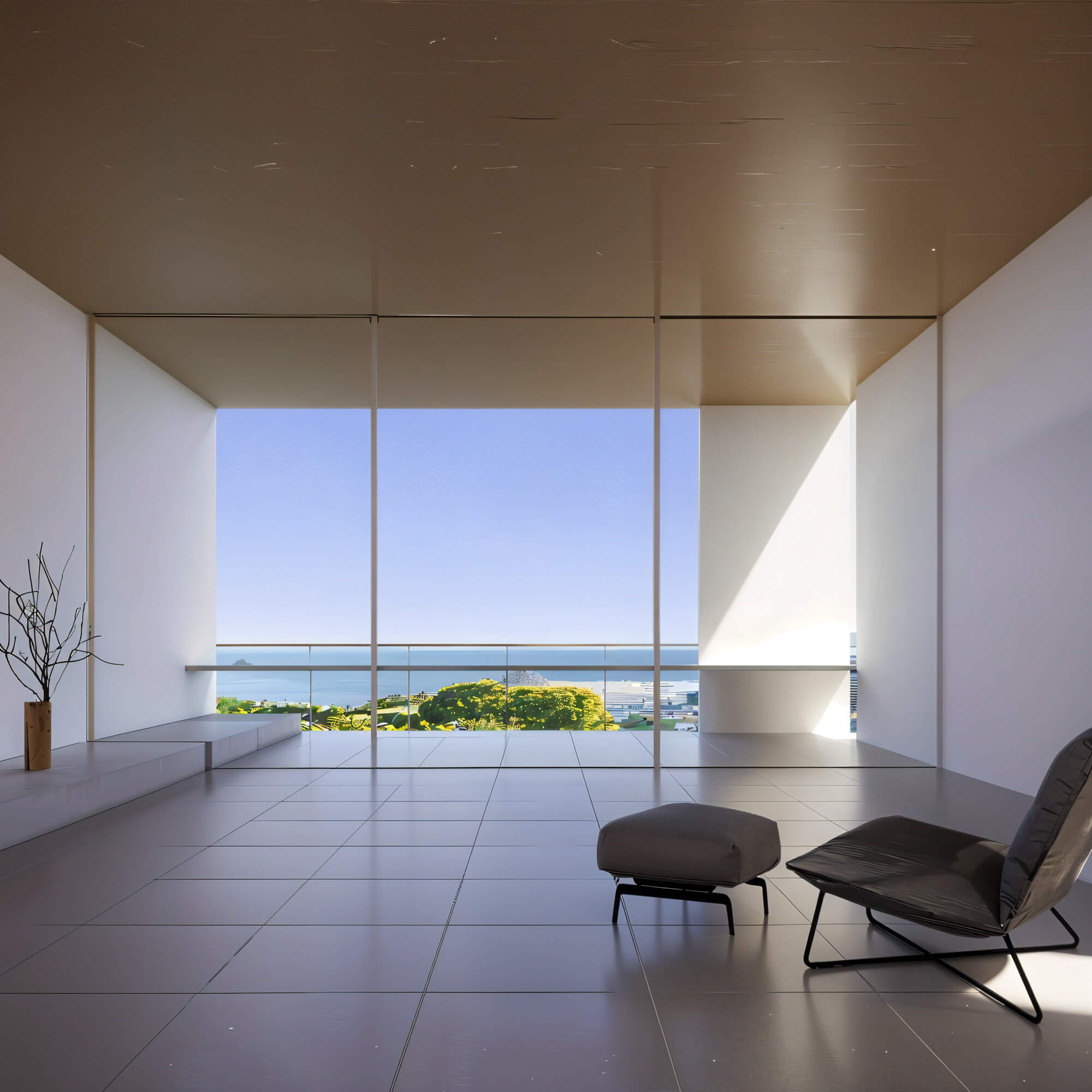 Minimal living space with large windows overlooking the town of Itō and the ocean