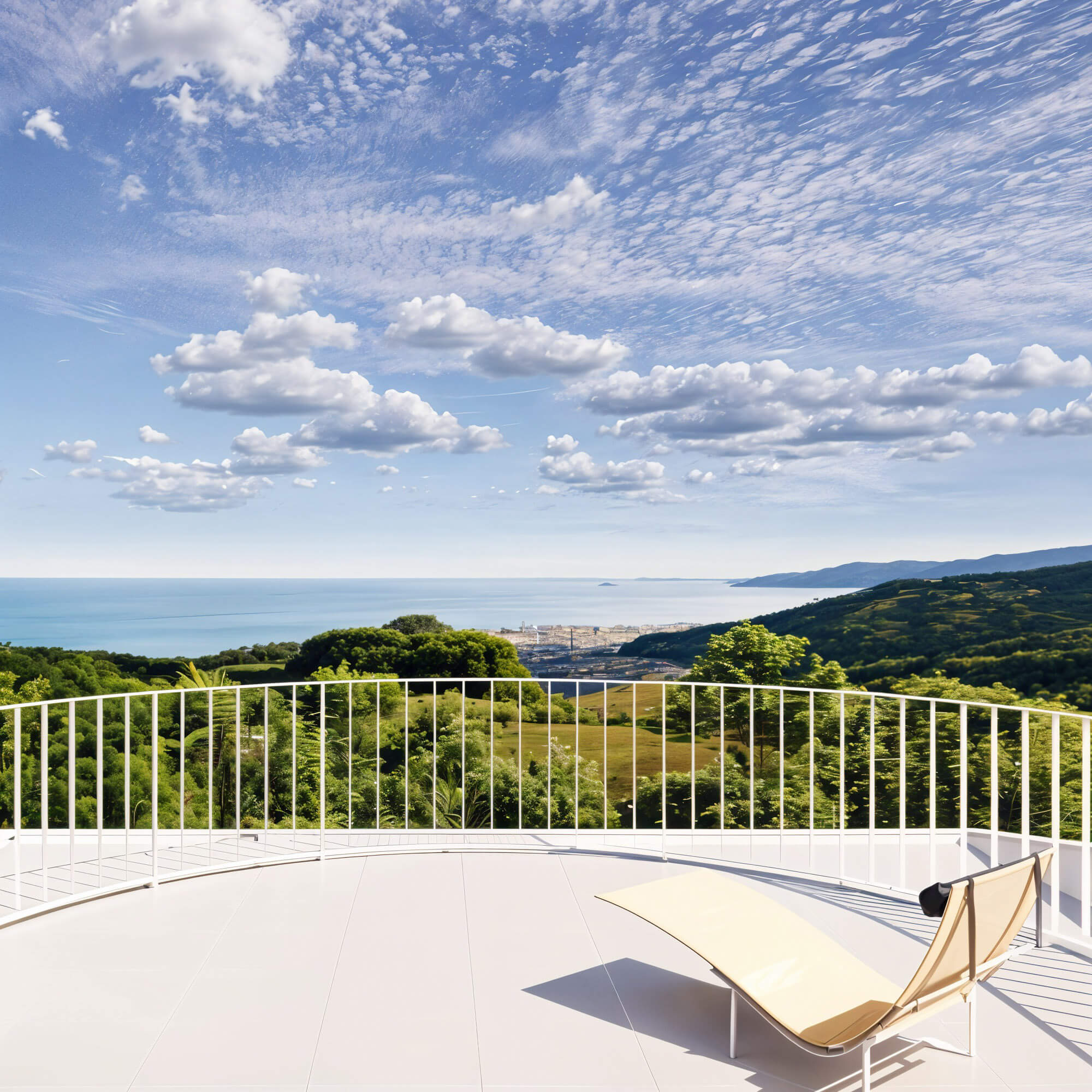 Open terrace with a white balcony framing blue sky, sea, and verdant hills