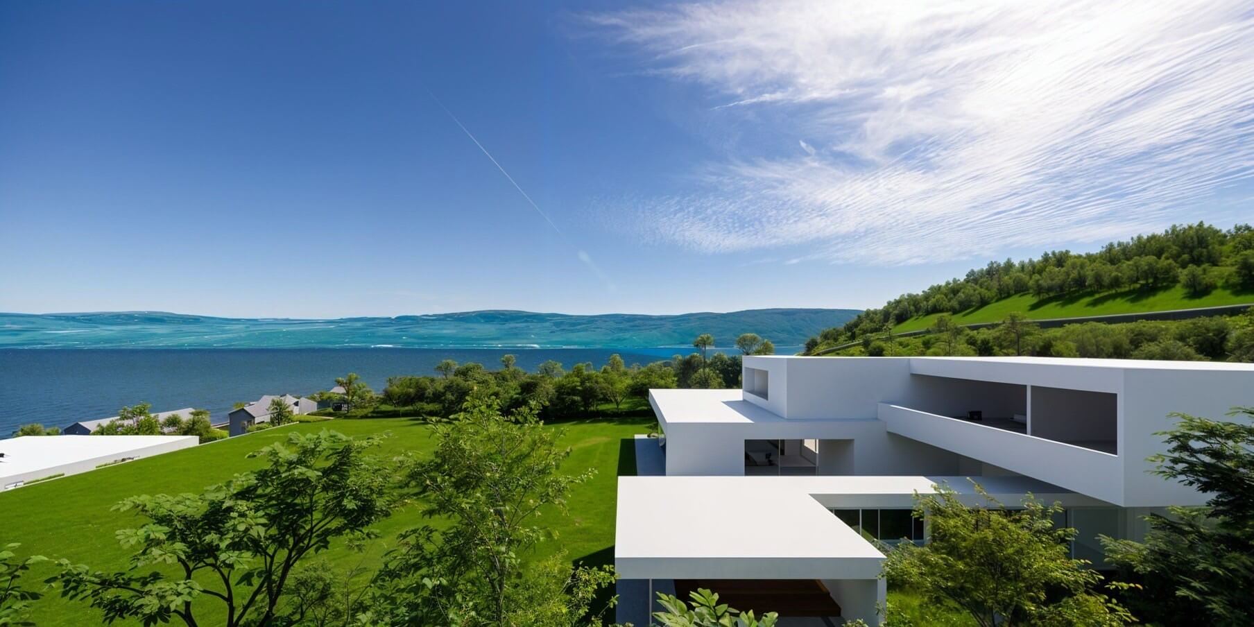 A modern residence nestled between forest and lake, harmonizing with nature