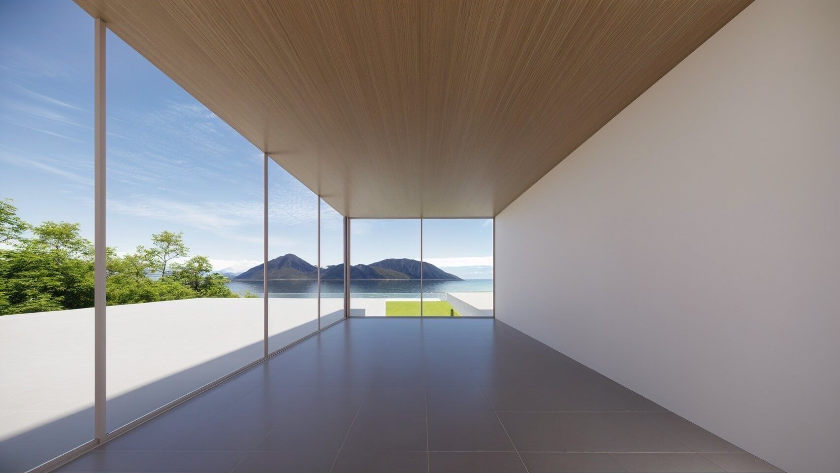 A serene, minimalist interior space with large windows overlooking Lake Toya and Nakajima Island