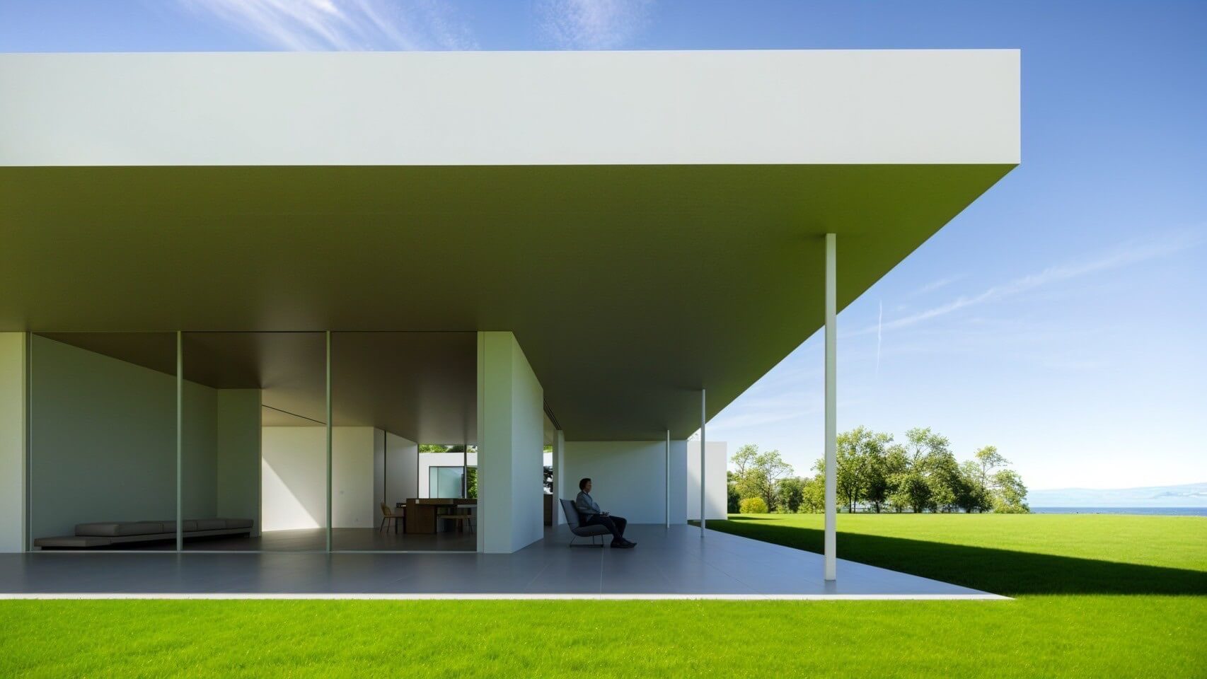 Modern single-story architecture overlooking expansive lawns, with a figure resting under deep eaves