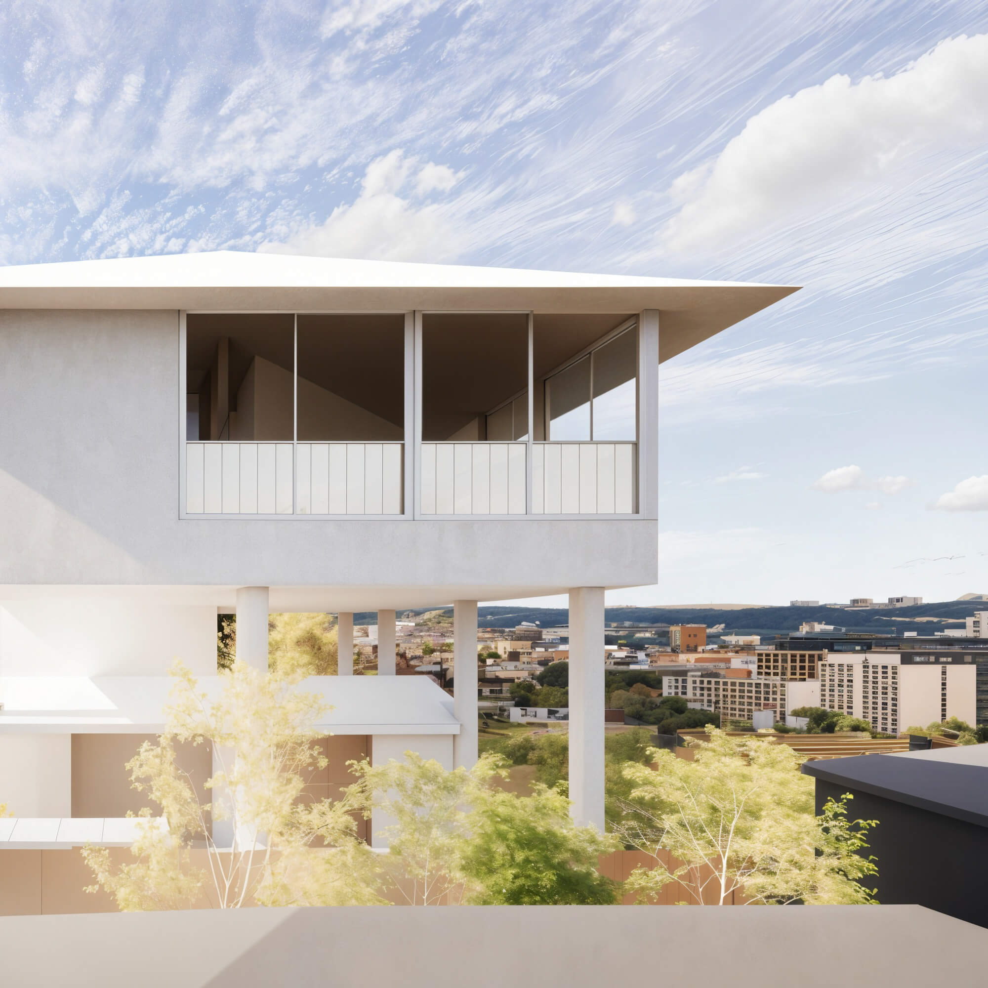 White-column architecture on a hill overlooking the cityscape of Yokosuka
