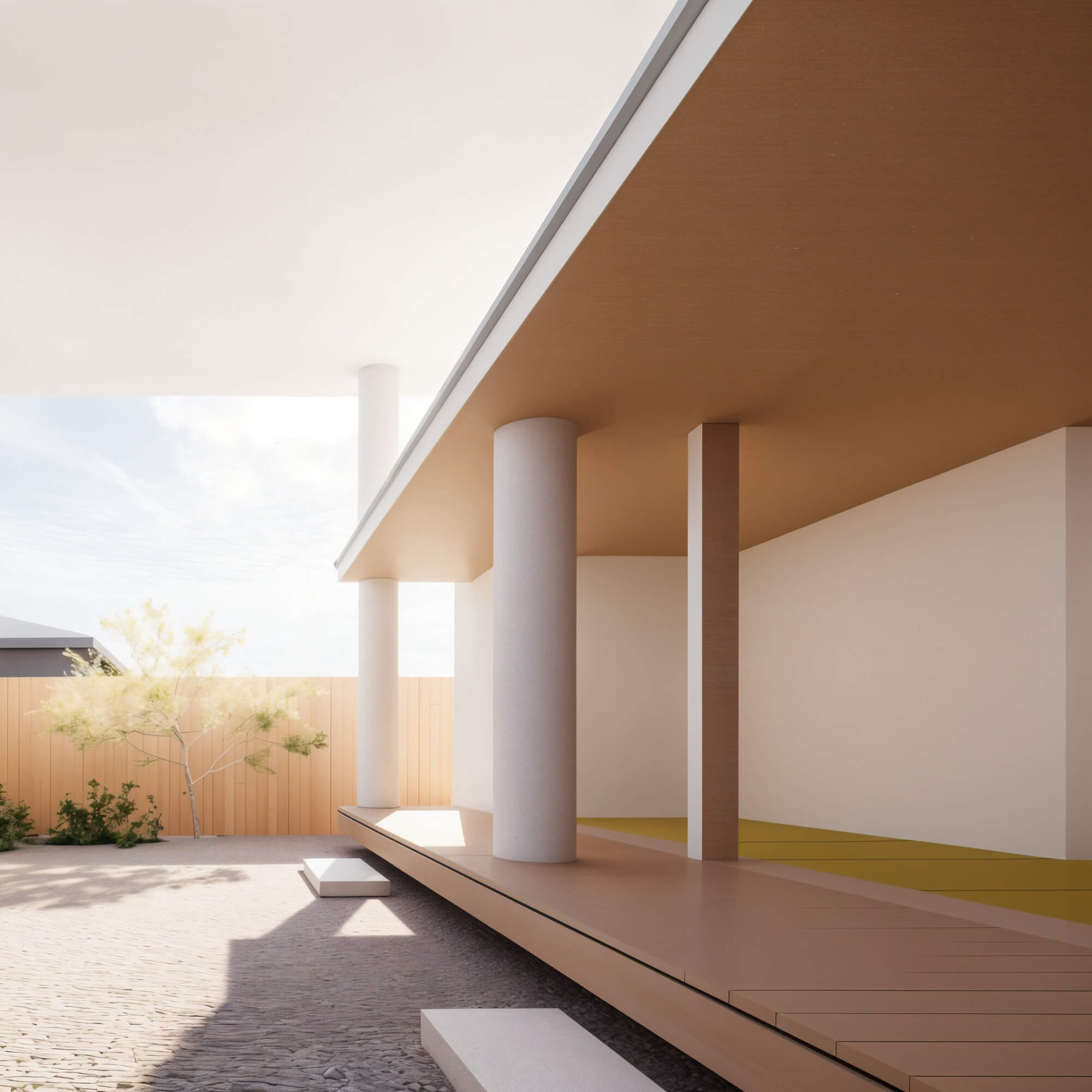 A Japanese-modern exterior with deep eaves and white columns framing a veranda
