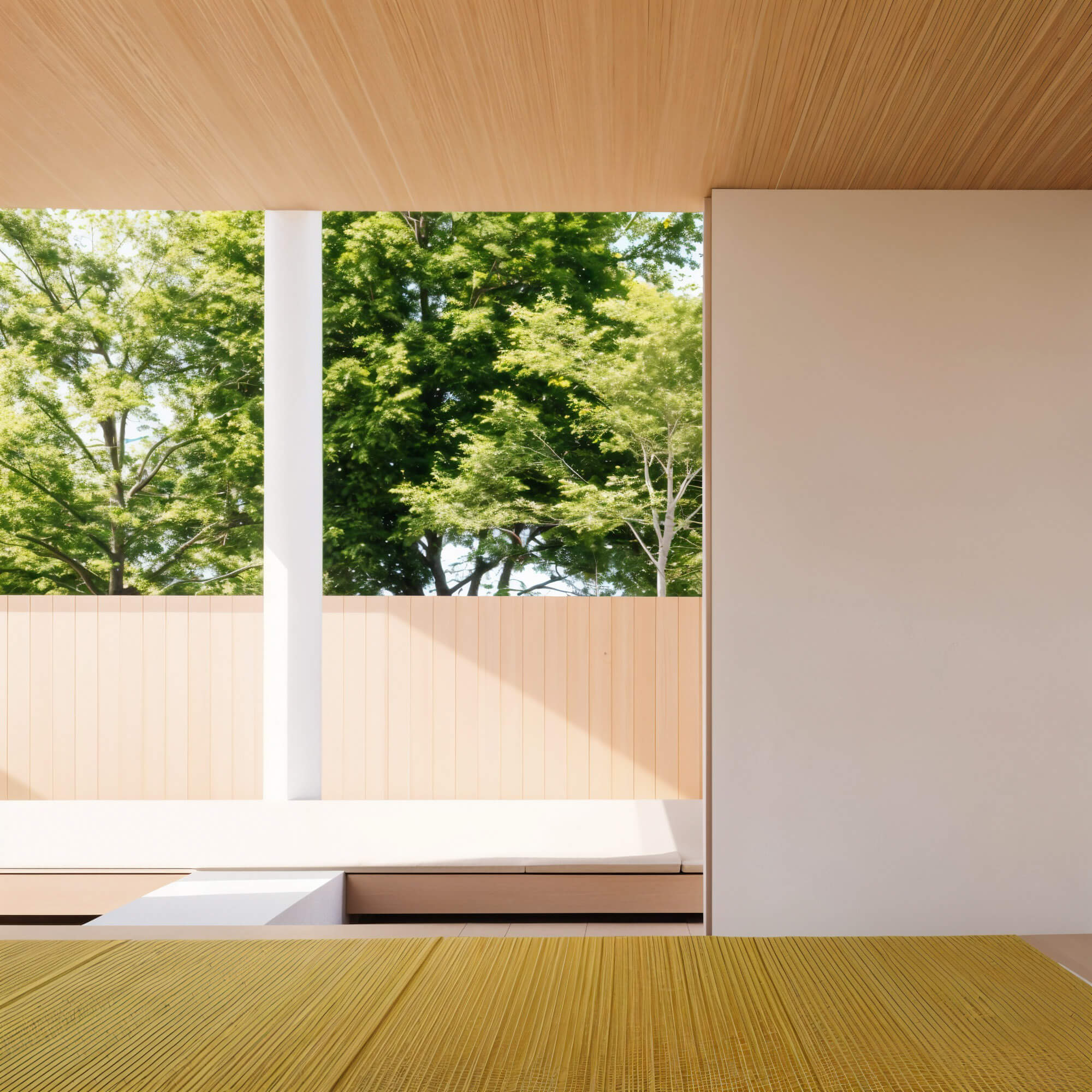A serene indoor-outdoor connection with tatami room views of a courtyard and greenery