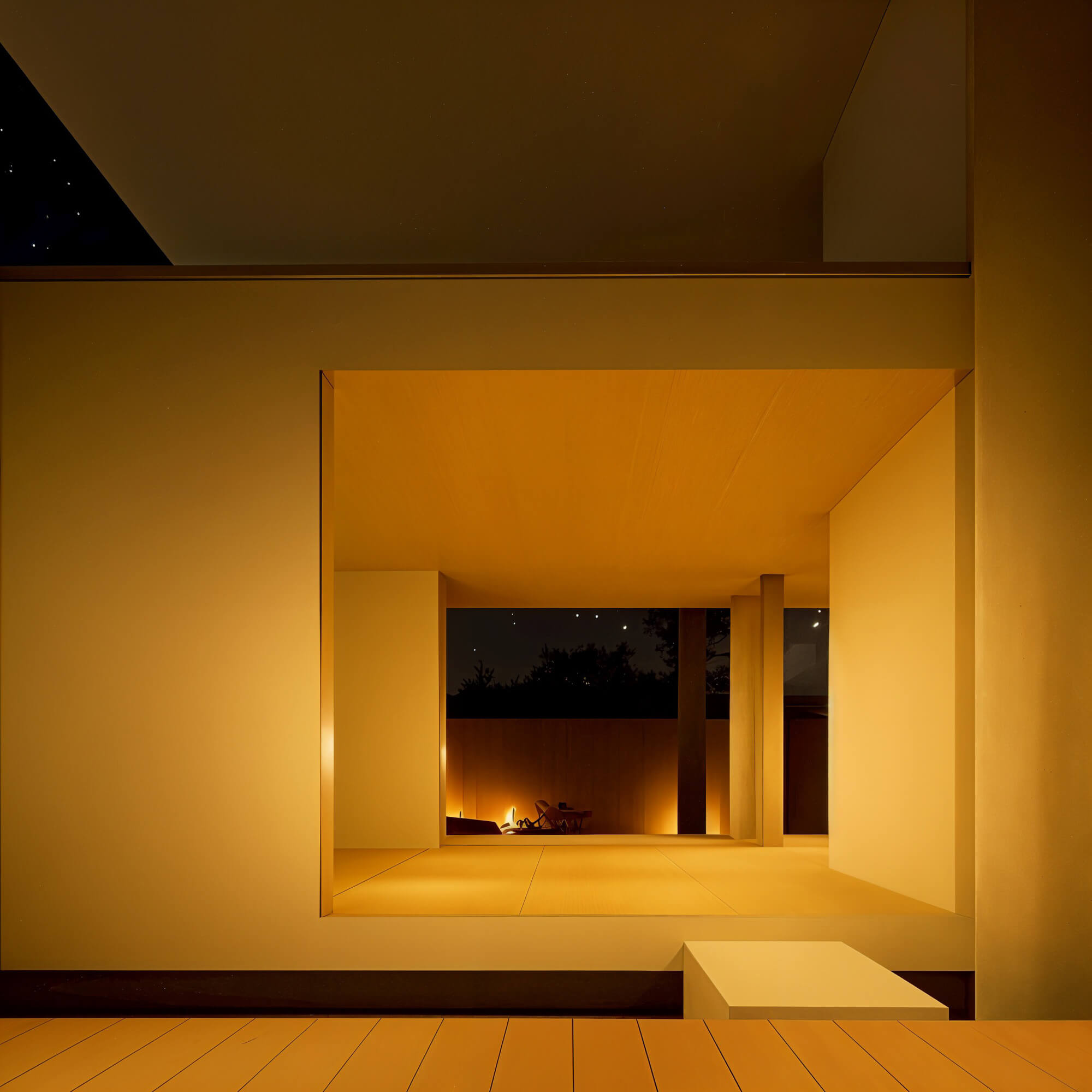 A night-lit view of a Japanese room opening to a softly illuminated courtyard
