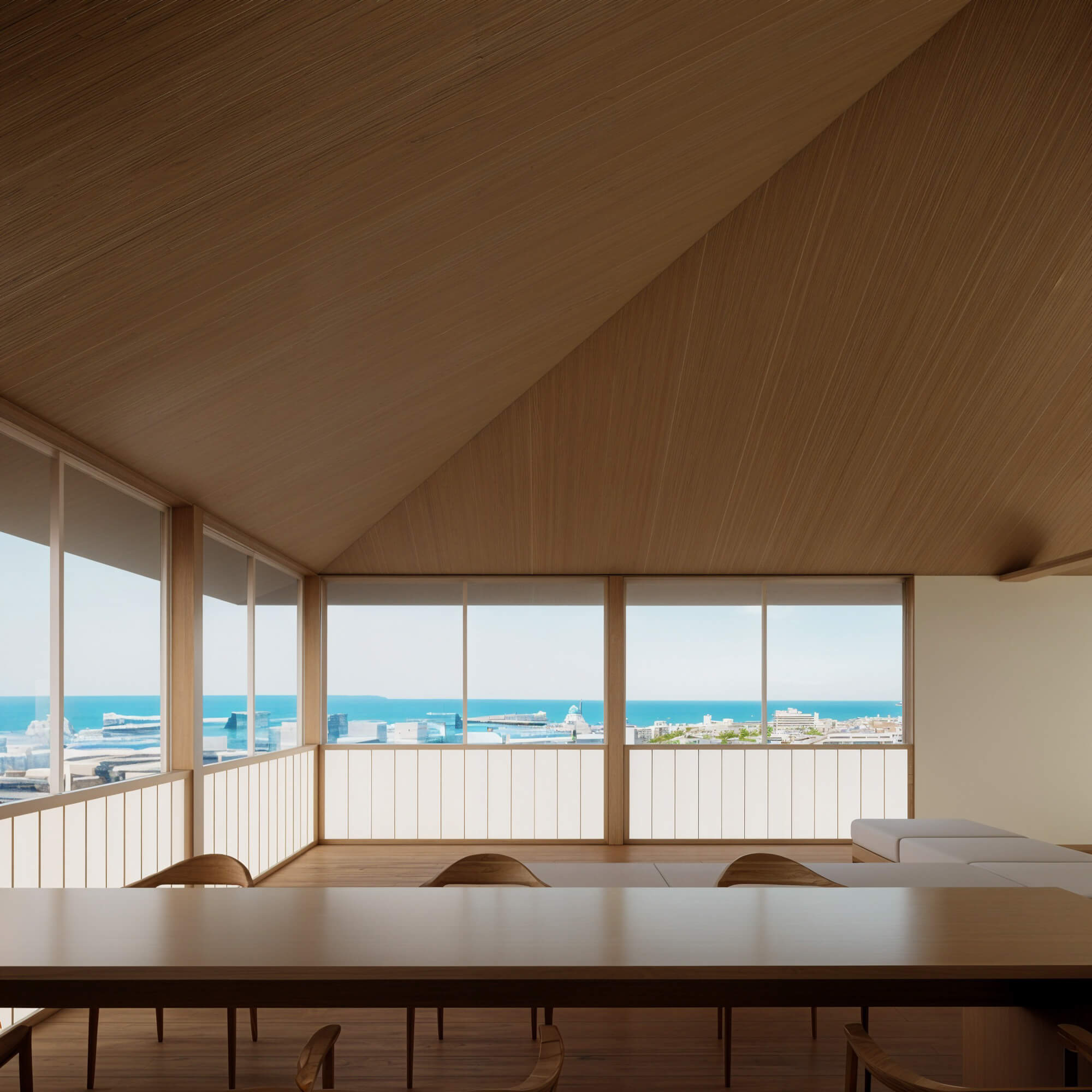 A warm wooden dining space with a panoramic window view of Yokosuka’s harbor and sea